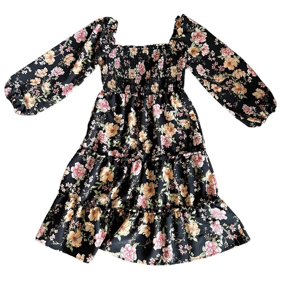 AS U WISH black floral off the shoulder bubble long sleeves midi dress NWT